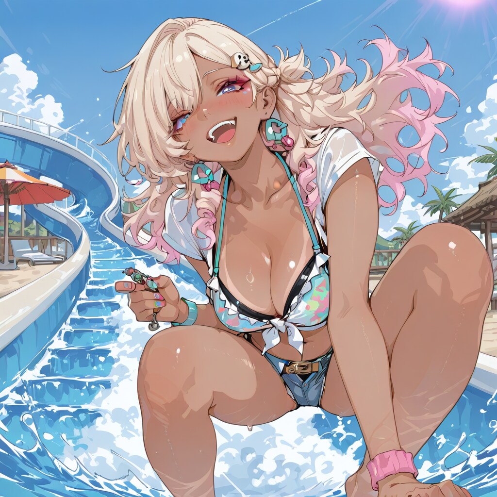 金髪ギャル プールではしゃぐ