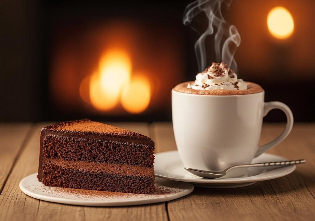 デザートのココアケーキとホッとココアのセット