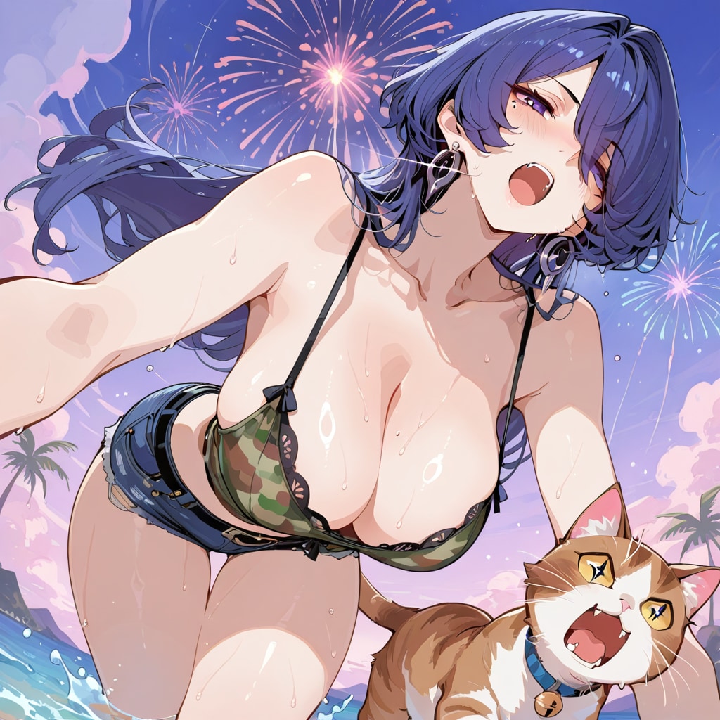花火を敵の攻撃と間違えて、慌てて逃げる、あい。