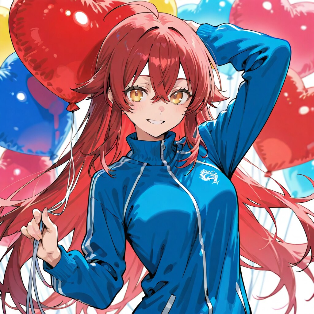 いっぱい色とりどりの風船を持つ赤い髪ロングの青いジャージ着た美少女 | の人気AIイラスト・グラビア