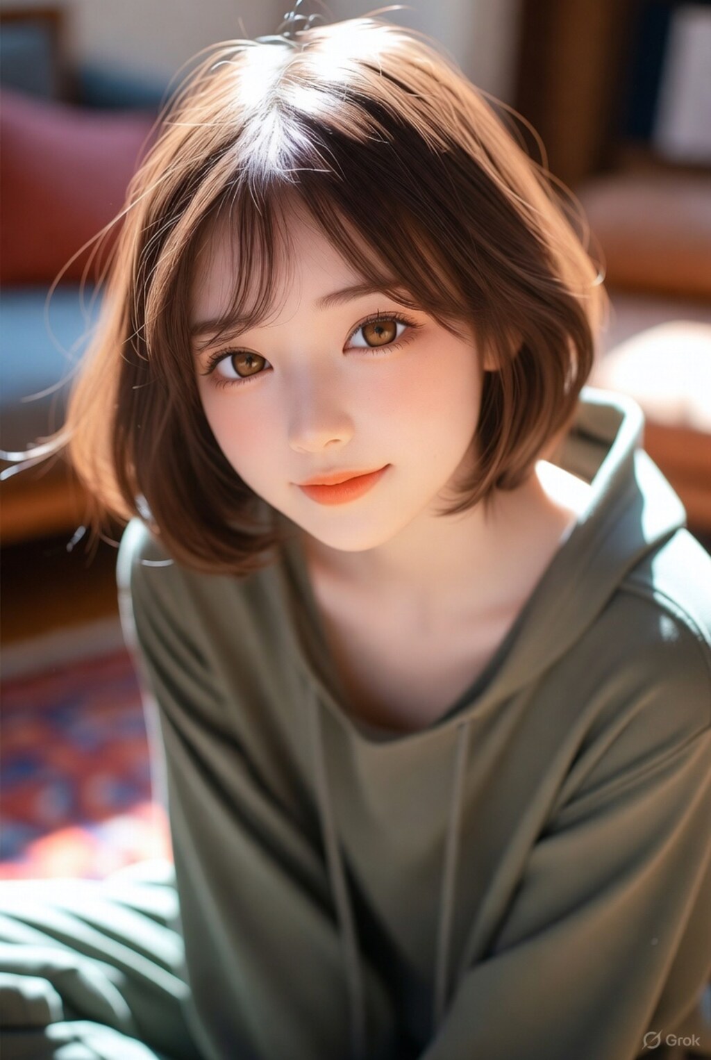 茶髪ボブでパーカーの美女