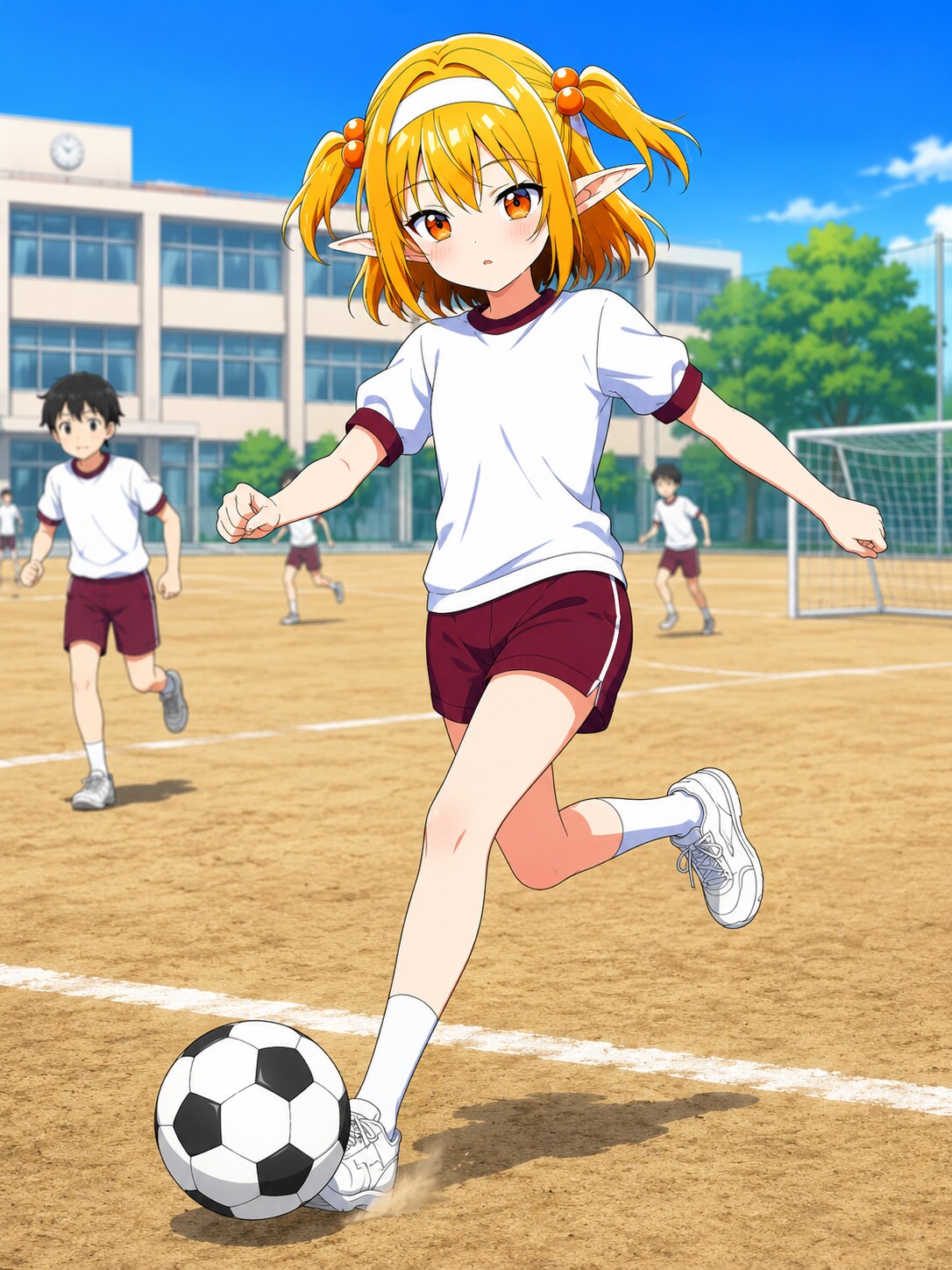 体育の授業でサッカーをするエルフさん