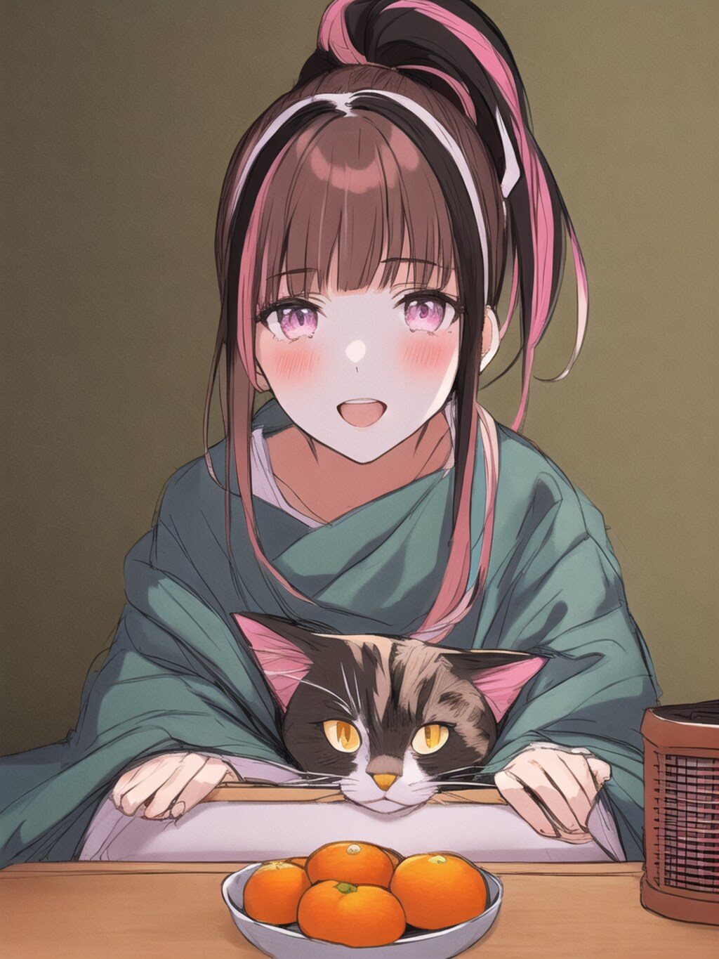 こたつと家猫とみかん