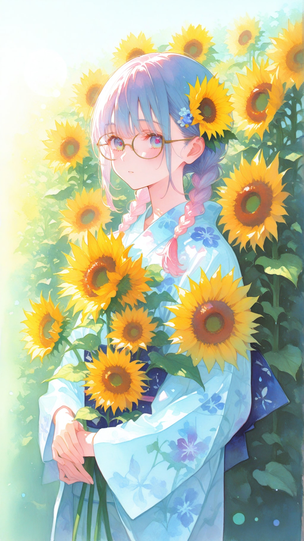 ひまわりと浴衣の少女