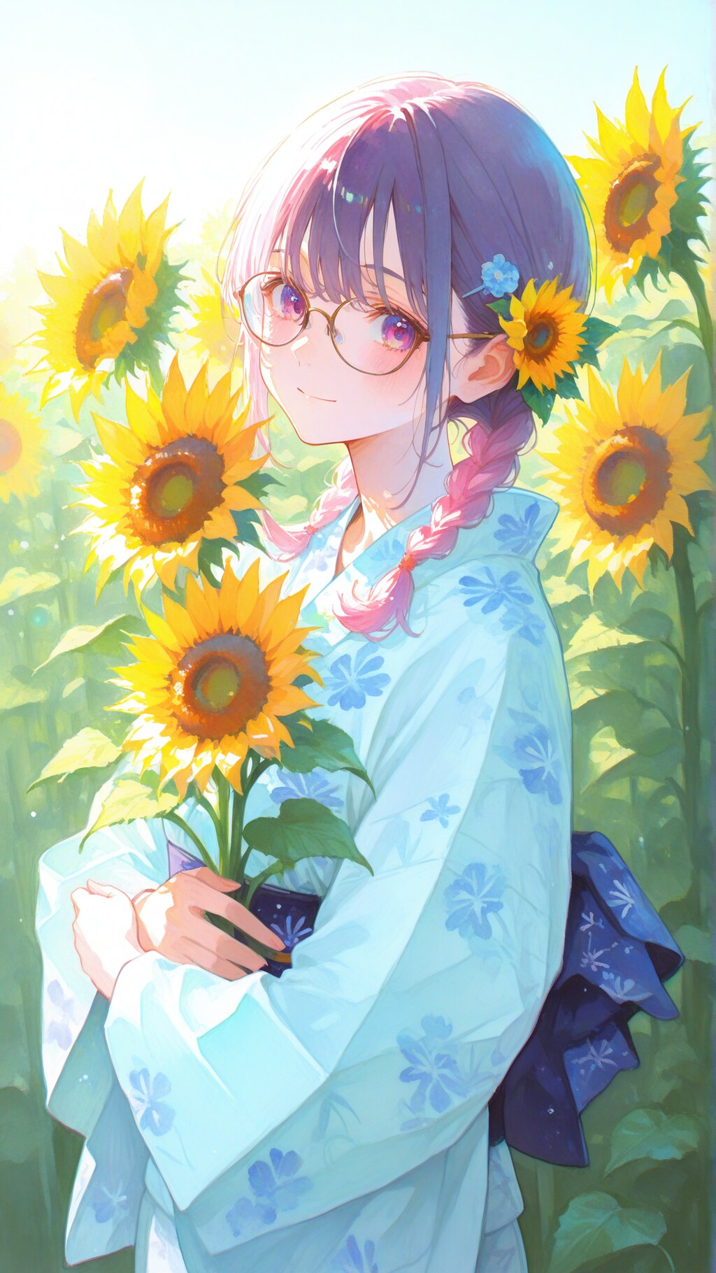 ひまわりと浴衣の少女