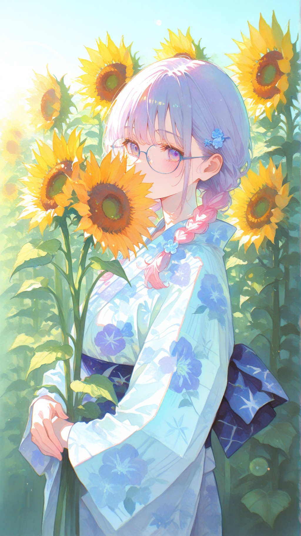 ひまわりと浴衣の少女