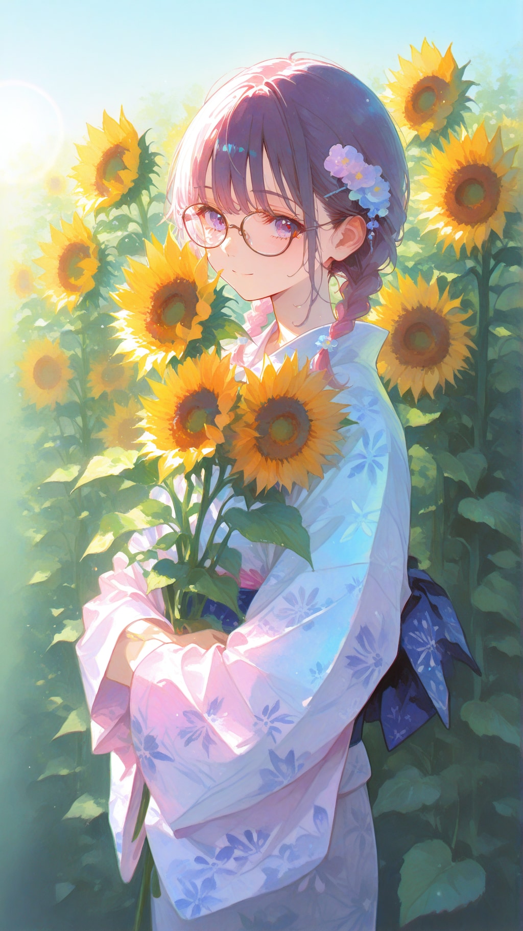 ひまわりと浴衣の少女