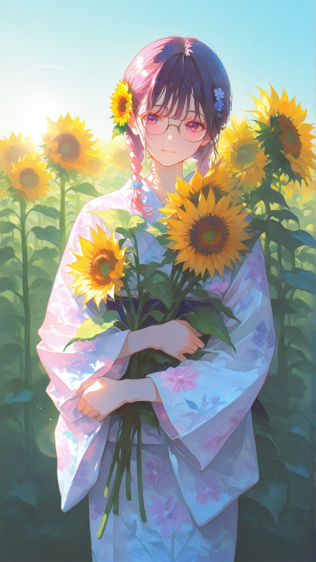 ひまわりと浴衣の少女