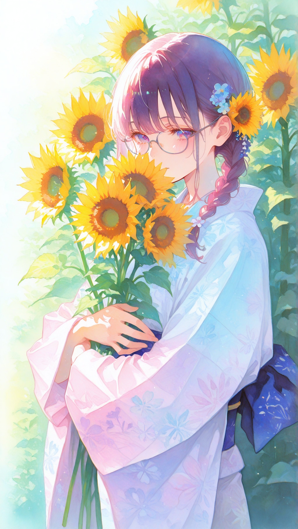 ひまわりと浴衣の少女