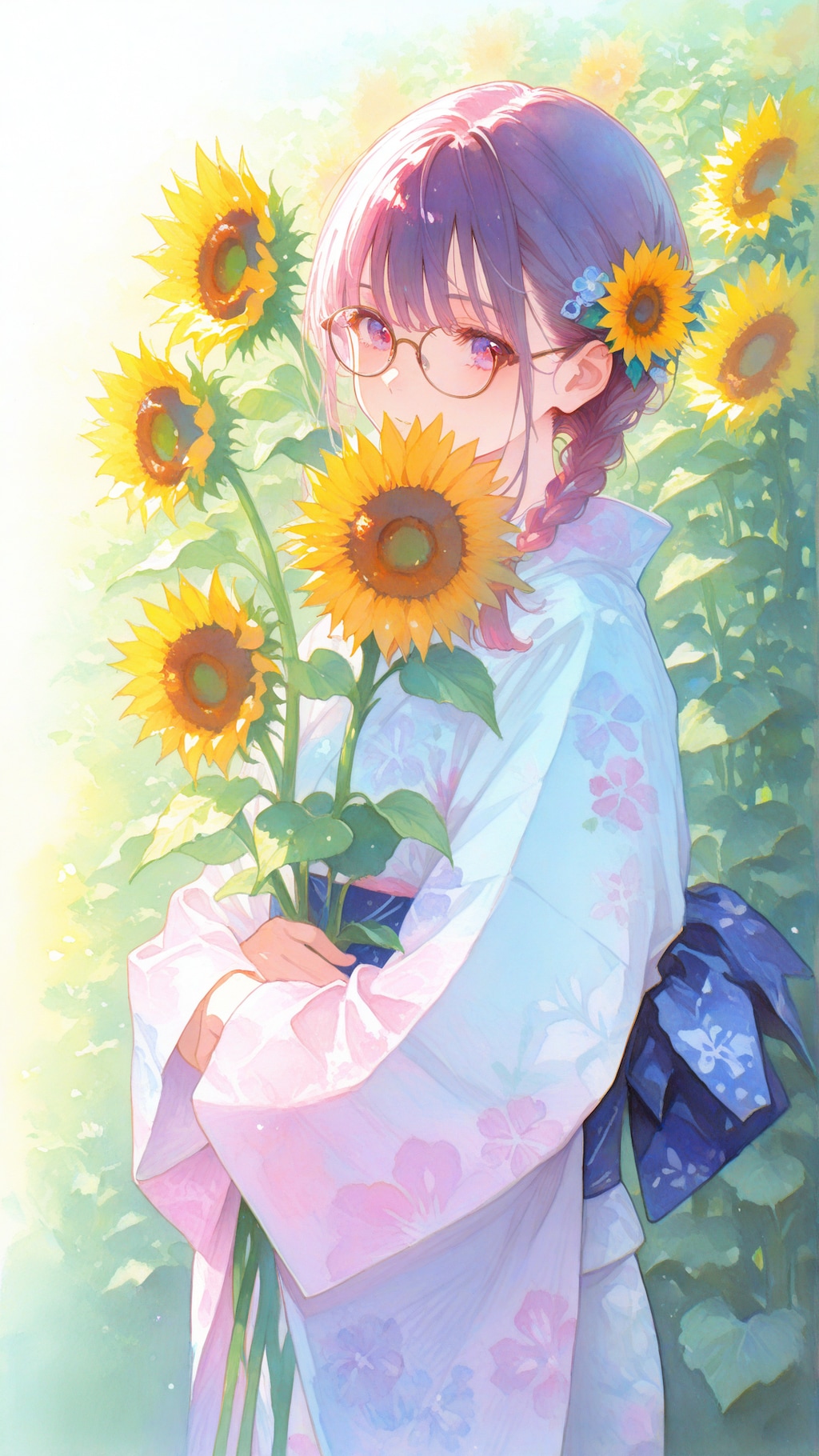 ひまわりと浴衣の少女