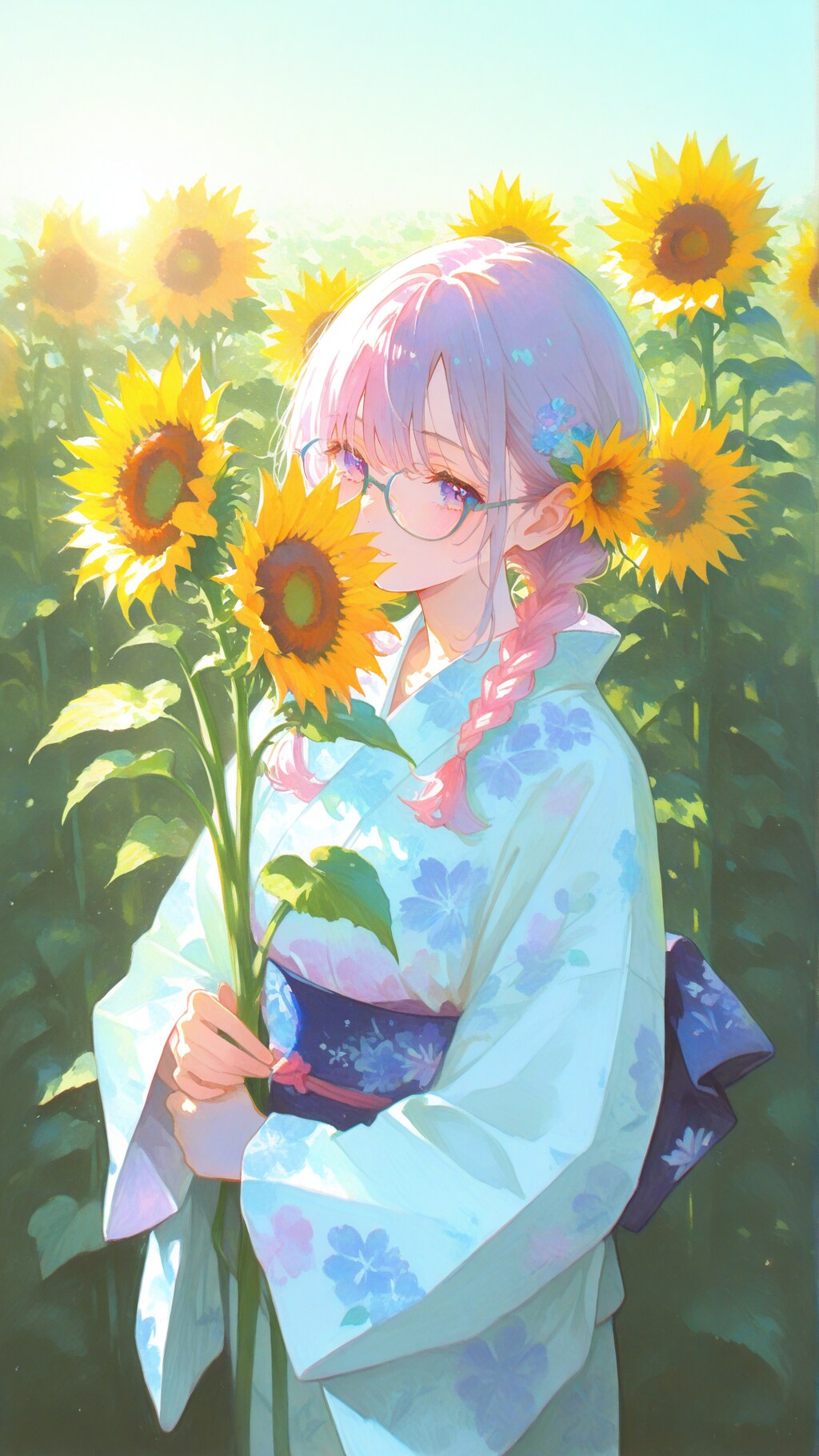 ひまわりと浴衣の少女