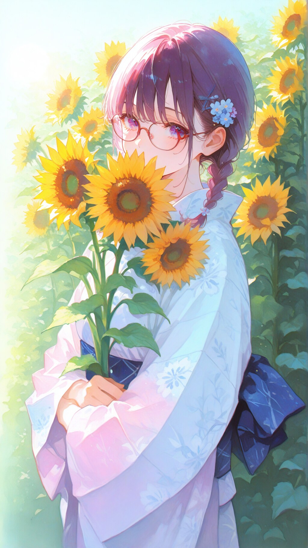 ひまわりと浴衣の少女