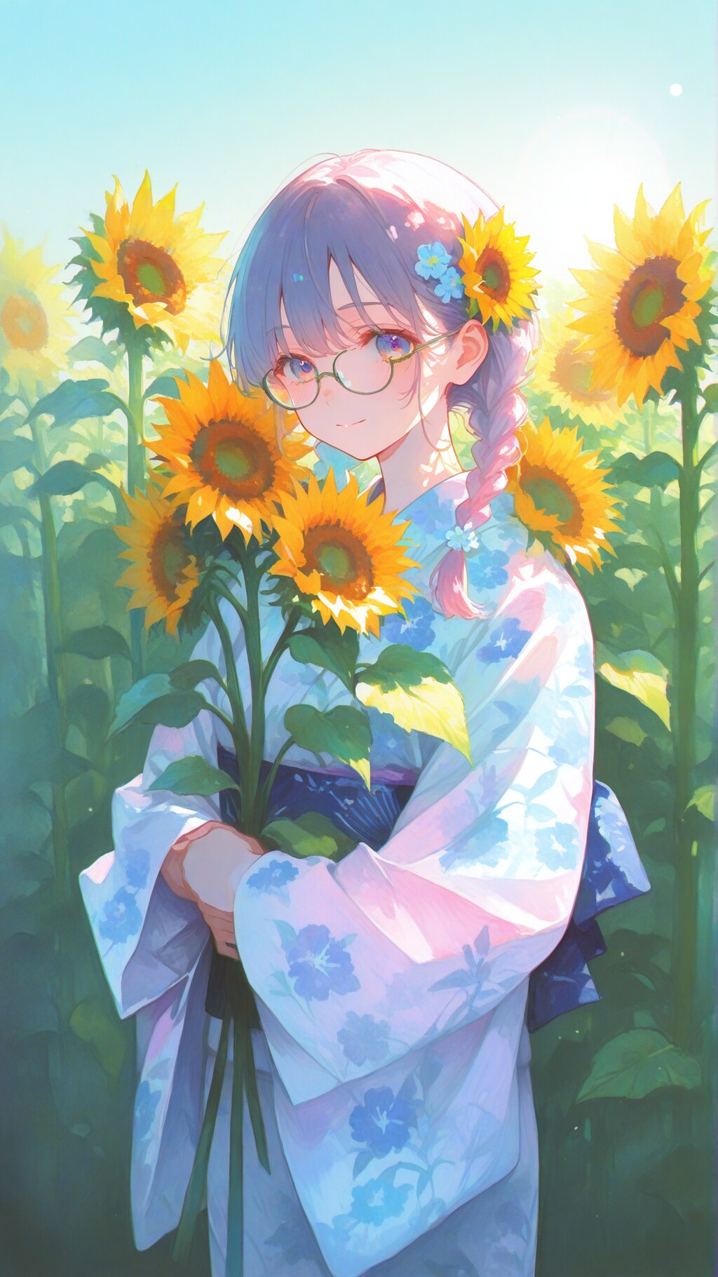 ひまわりと浴衣の少女