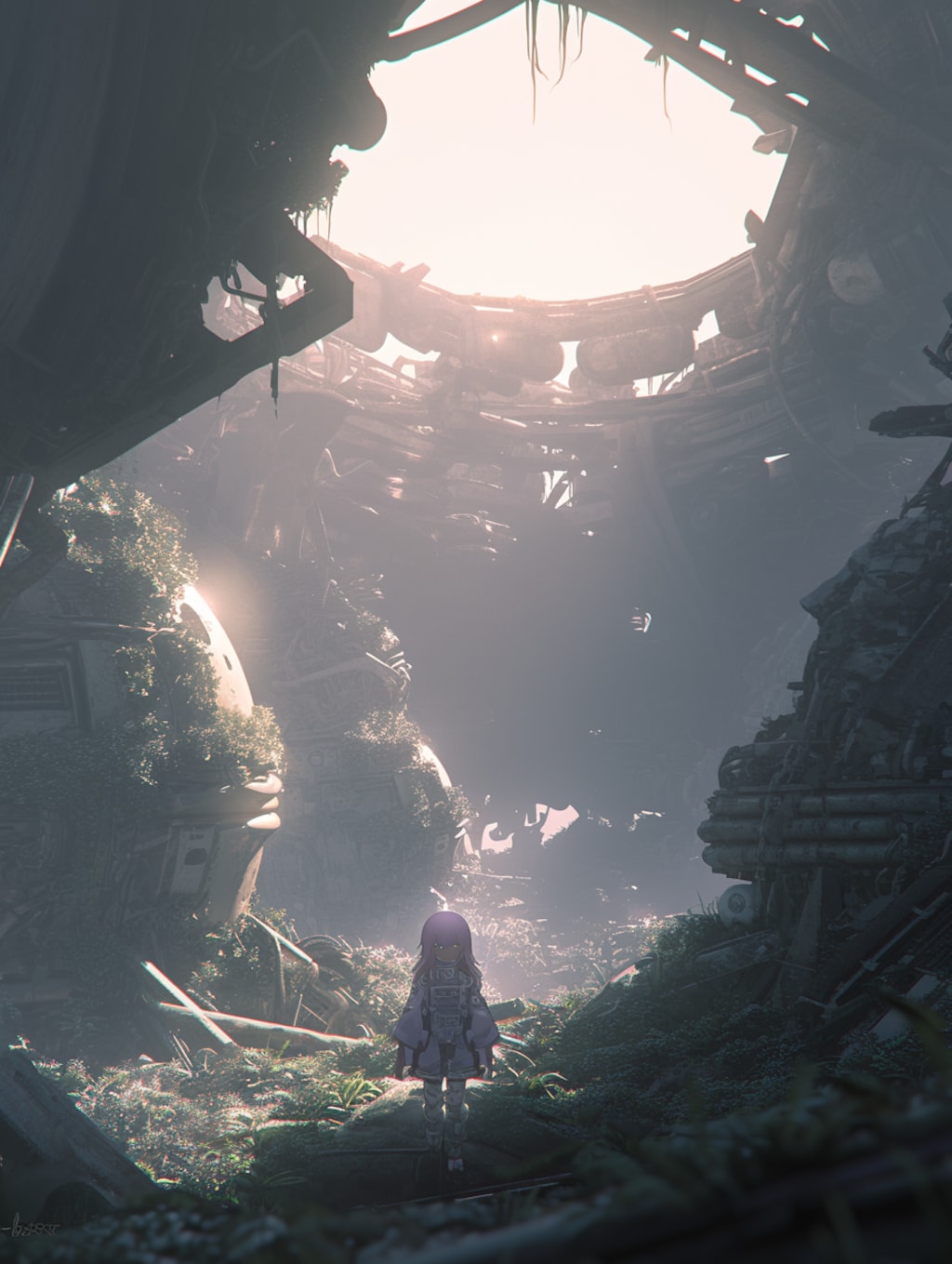 スペースコロニーの中を歩いている女の子 Girl walking through space colony