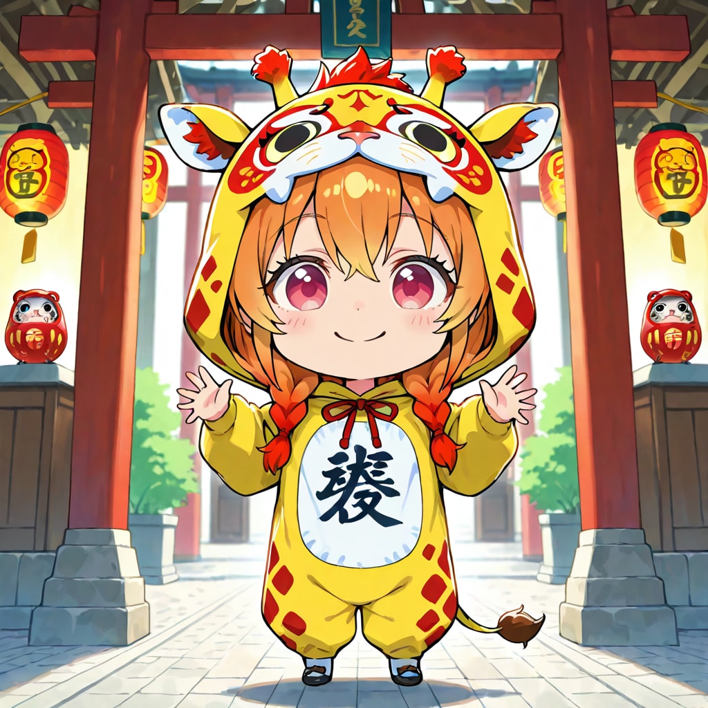 だるまのお祭りとキリン着ぐるみちび子ちゃん