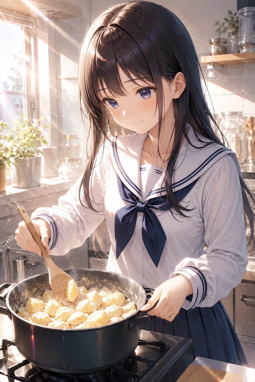 粉吹きいもを作る黒髪ちゃん
