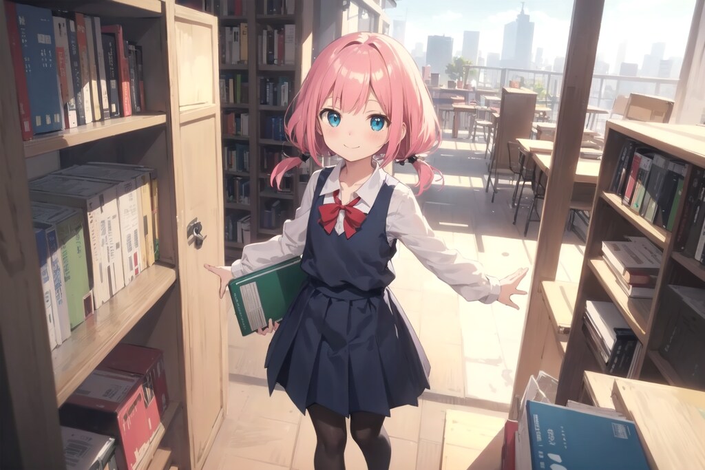 手に崩れ有り、図書館。