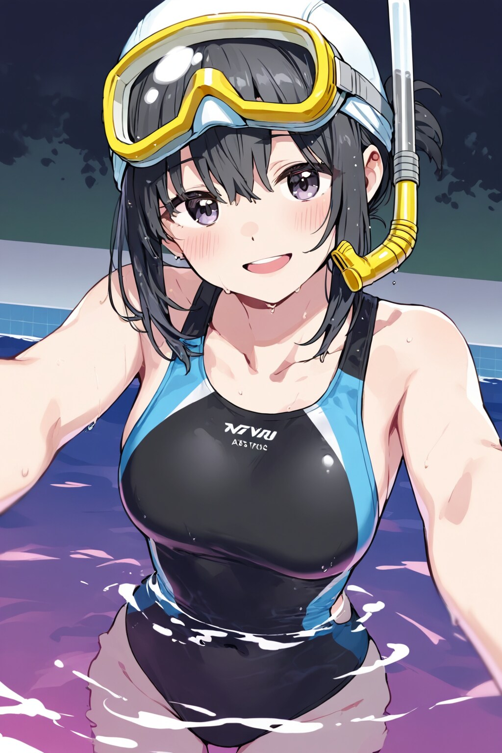 夜の避暑地のプールで浮かぶ競泳水着の少女