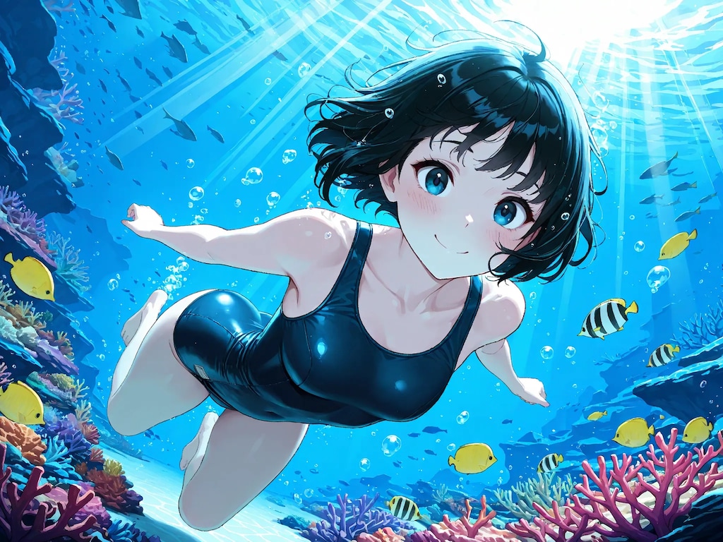水中詰め合わせ 黒髪ボブ×スクール水着編