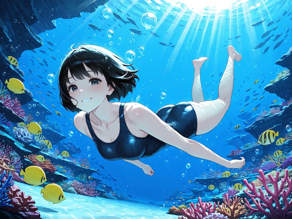 水中詰め合わせ 黒髪ボブ×スクール水着編