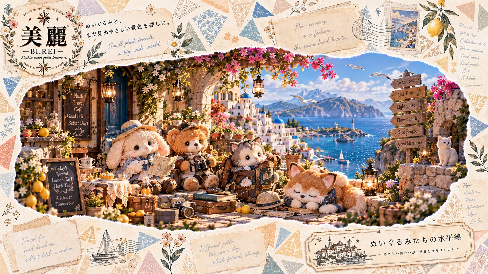 Plush travelers taking a lemon tart break at a seaside café overlooking the Amalfi coast.  Small plu | の人気AIイラスト・グラビア