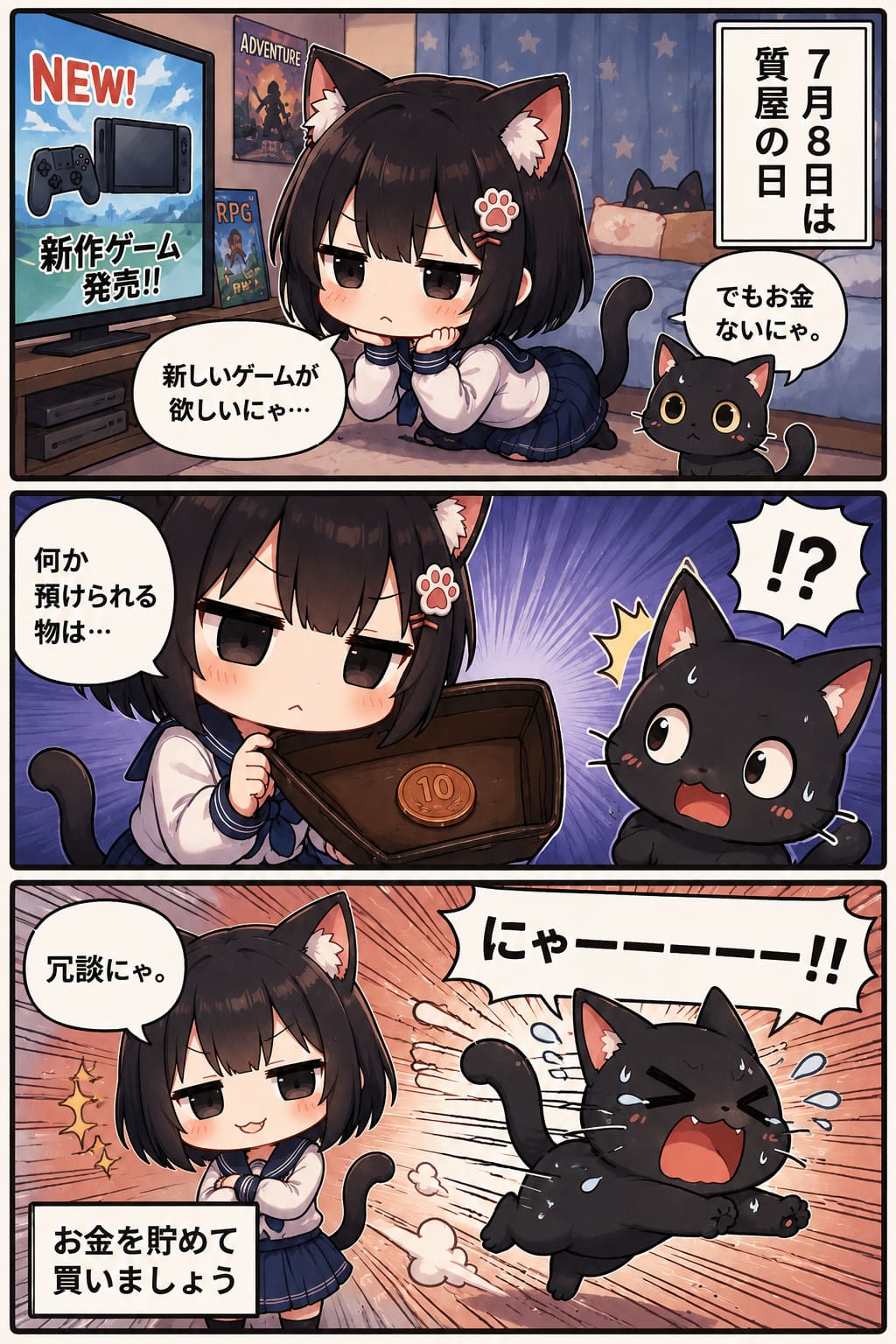 3コマ漫画 2026.07.08. 「質屋の日」