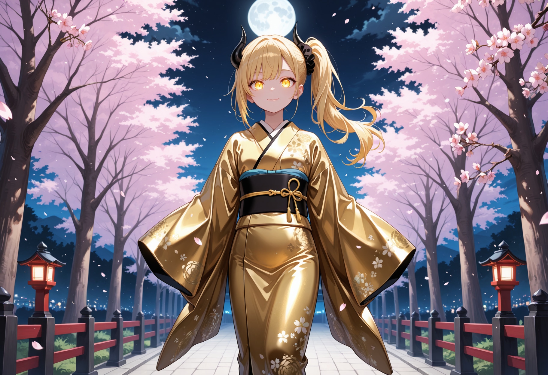 金色着物と夜桜女鬼高生さん | の人気AIイラスト・グラビア