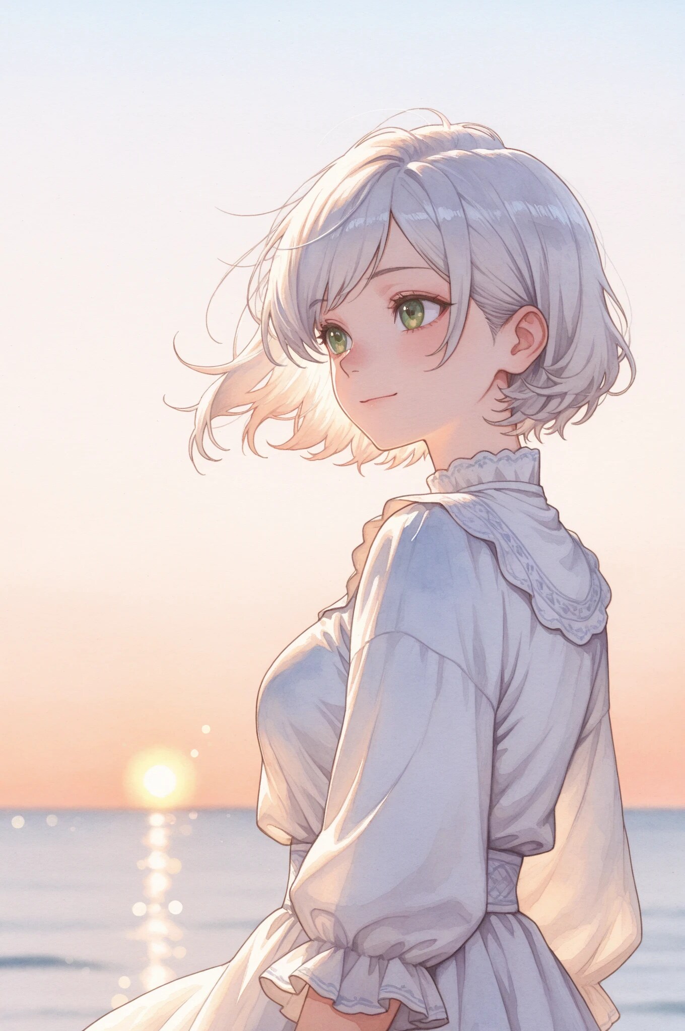 沈む夕日を背に