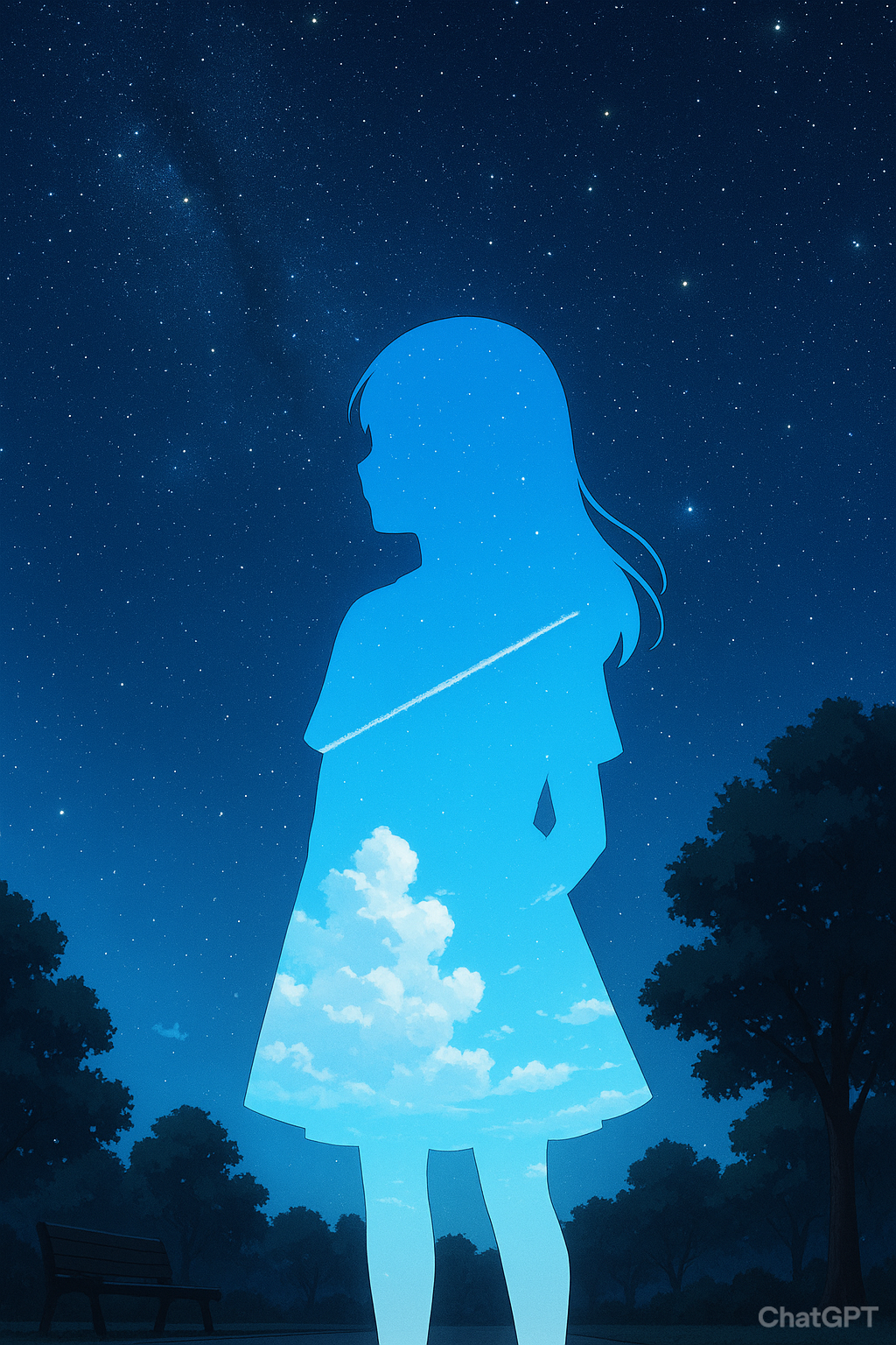 夜の青空に飛行機雲