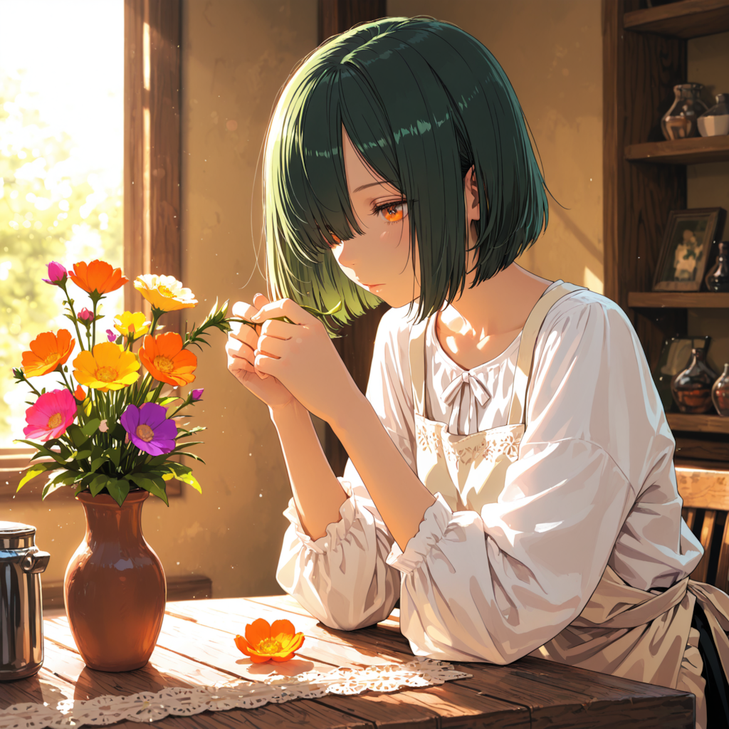 フラワーアレンジメントに挑戦するボブ子