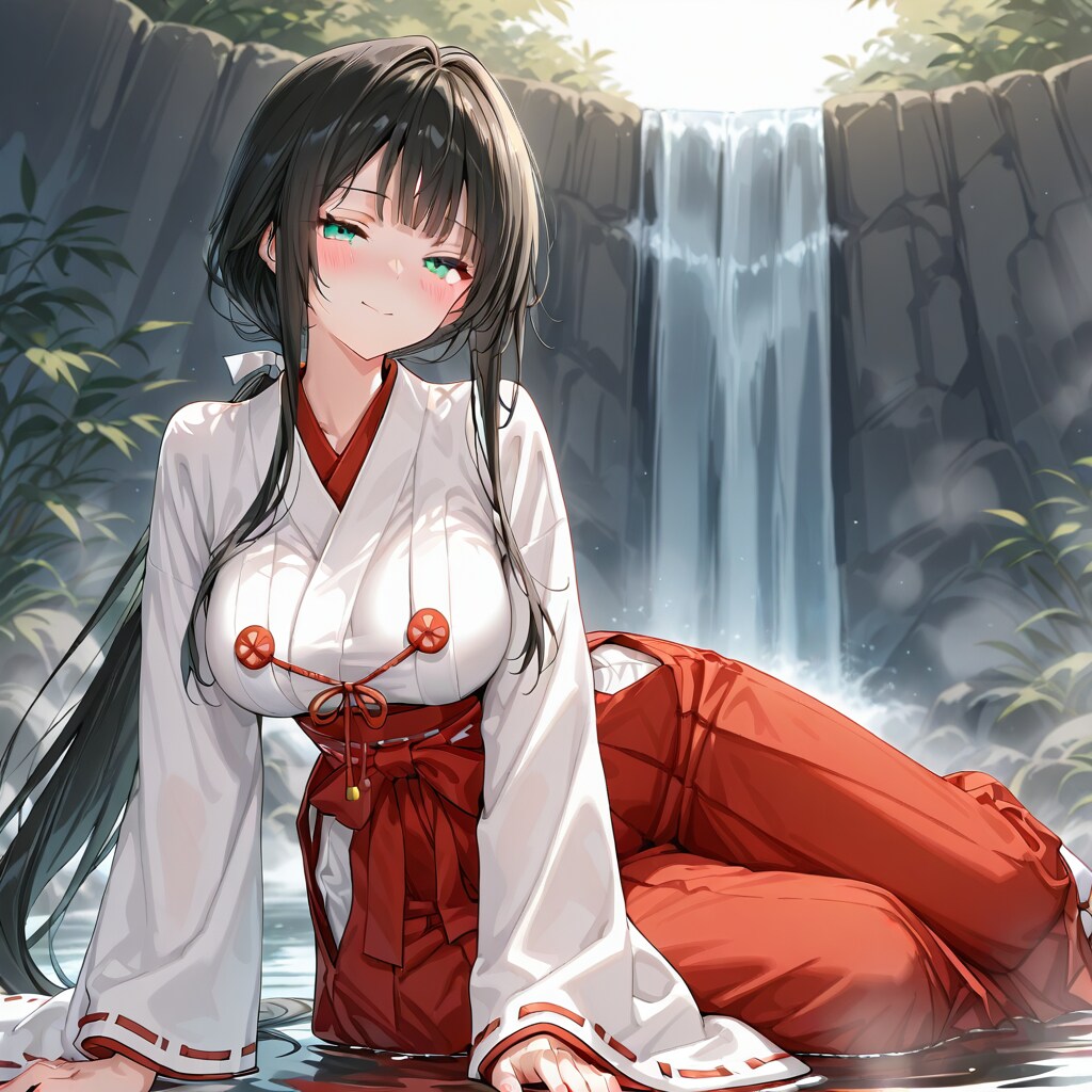 滝の前で佇む巫女