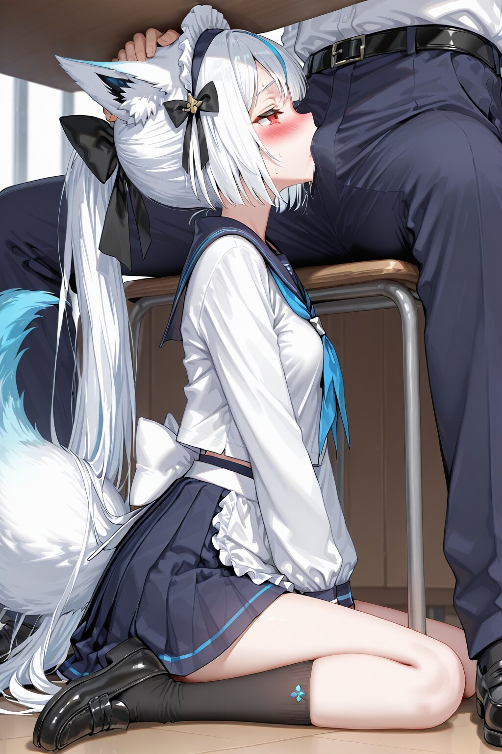 机の下で