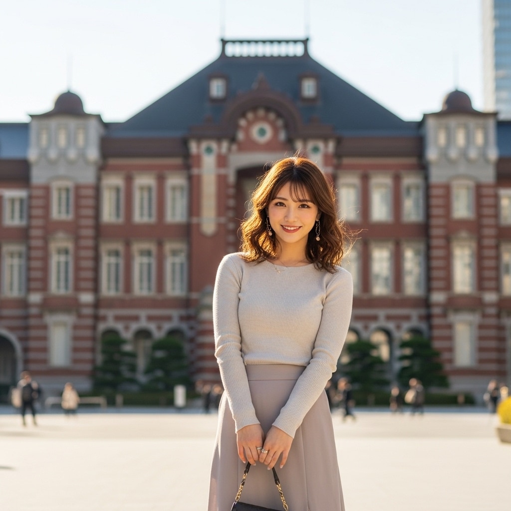 東京駅を背景に