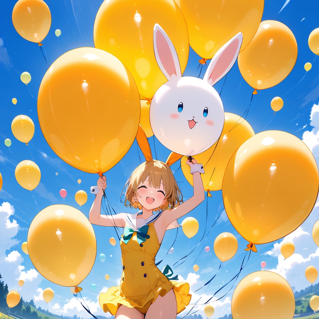 いっぱい黄色の風船を膨らませて遊ぶバニーガールの美少女