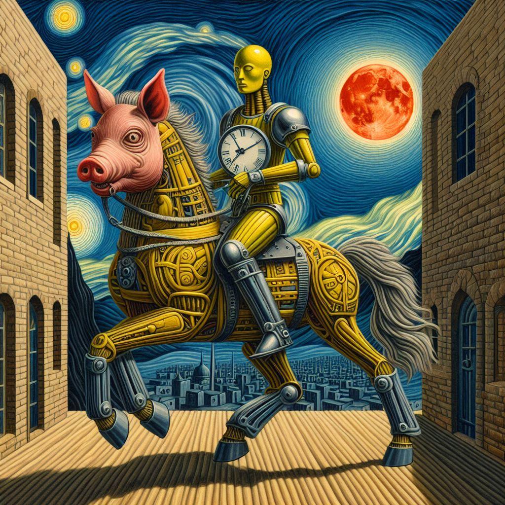 豚面の馬に跨がる、黄色い戦士と赤い月 | の人気AIイラスト・グラビア