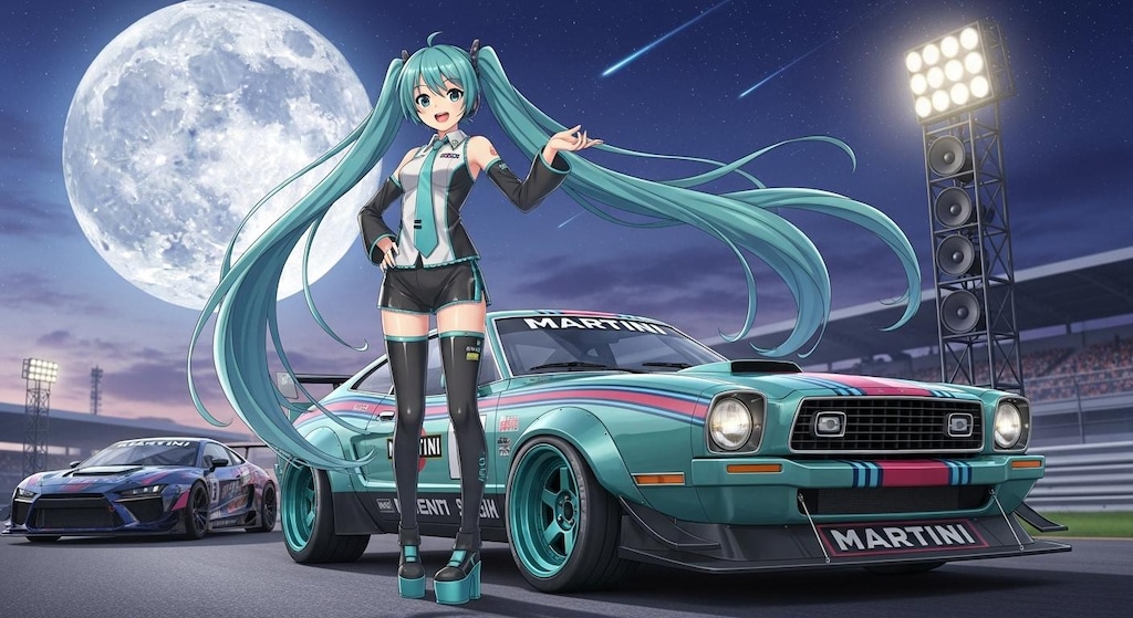 初音ミクとマスタングレーシングカー