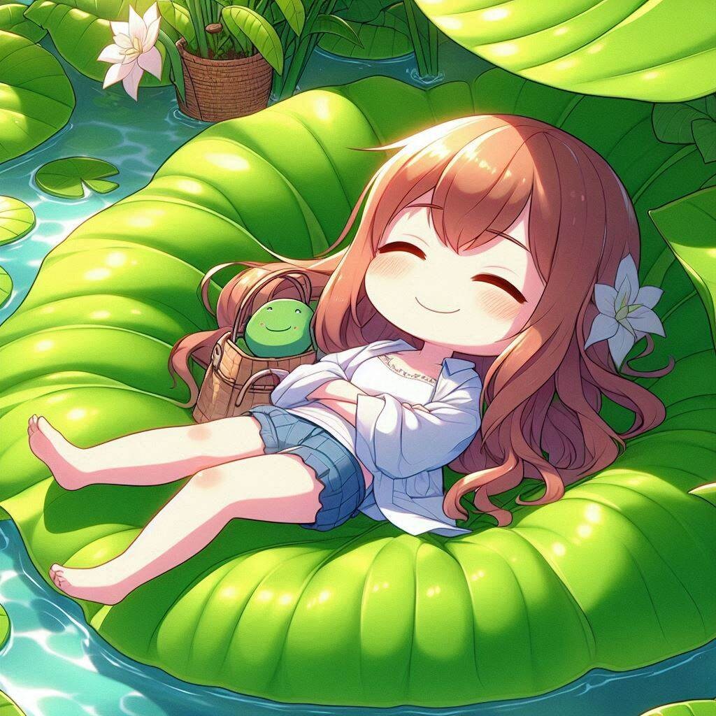 大きな葉っぱの上で日向ぼっこするちびちゃん