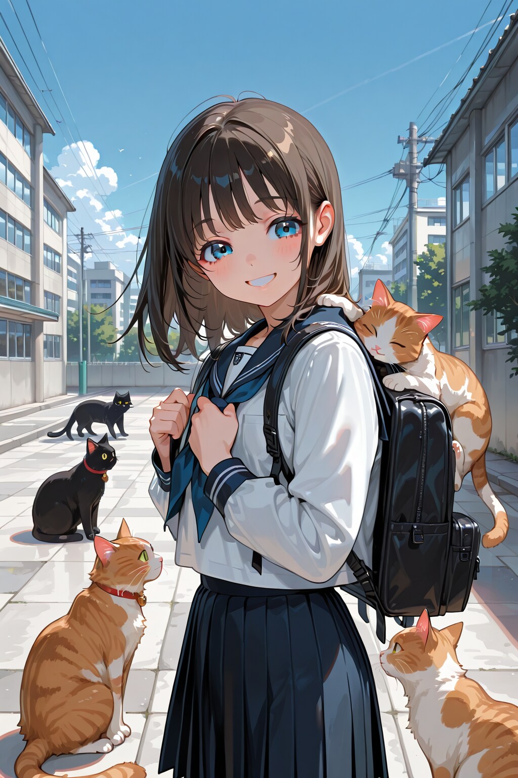 街の散策中猫に絡まれる少女 | の人気AIイラスト・グラビア