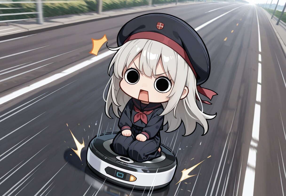 修理されたロボット掃除機を乗りこなすえらいこっちゃ嬢