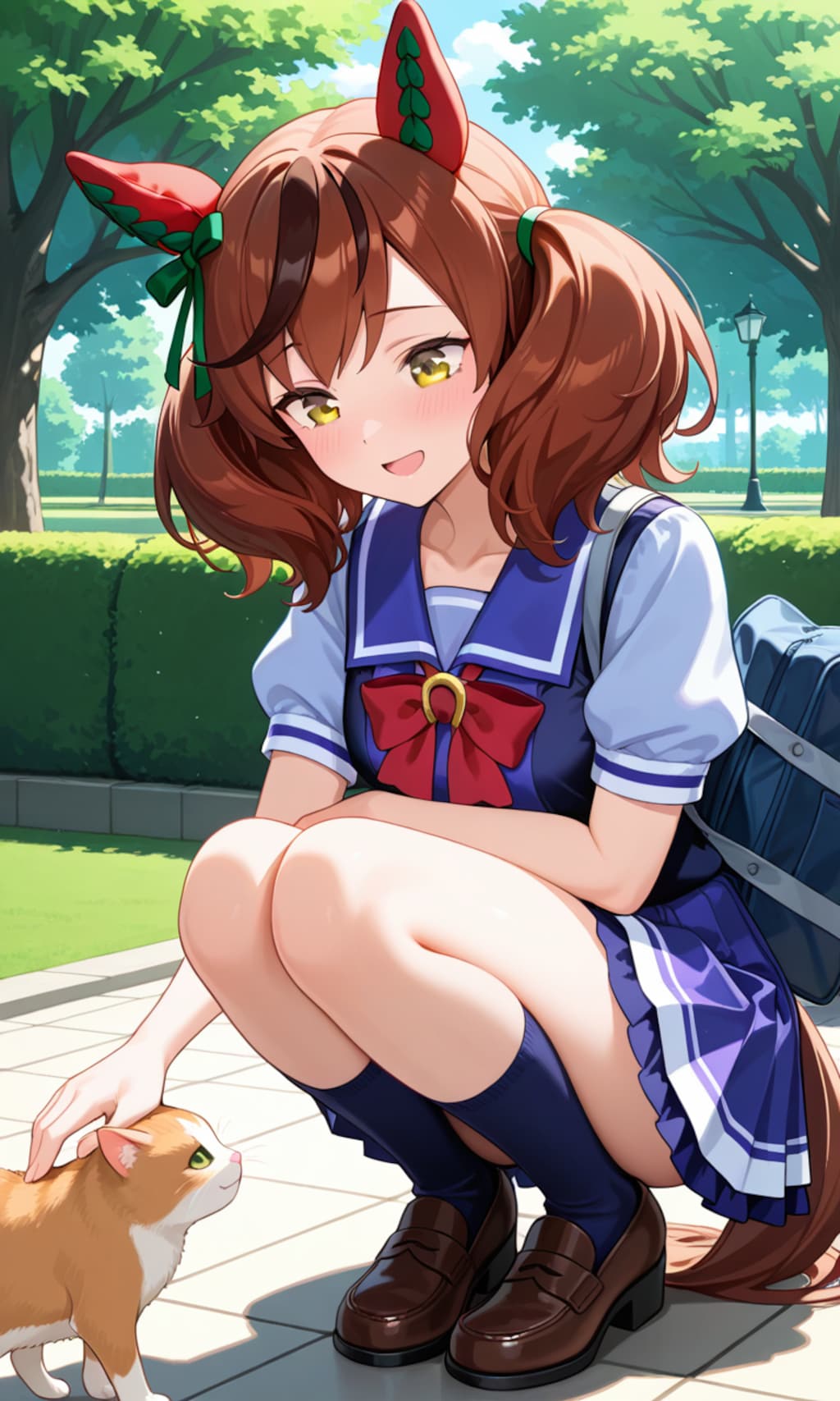 野良猫をなでなでしてご機嫌なネイチャさん