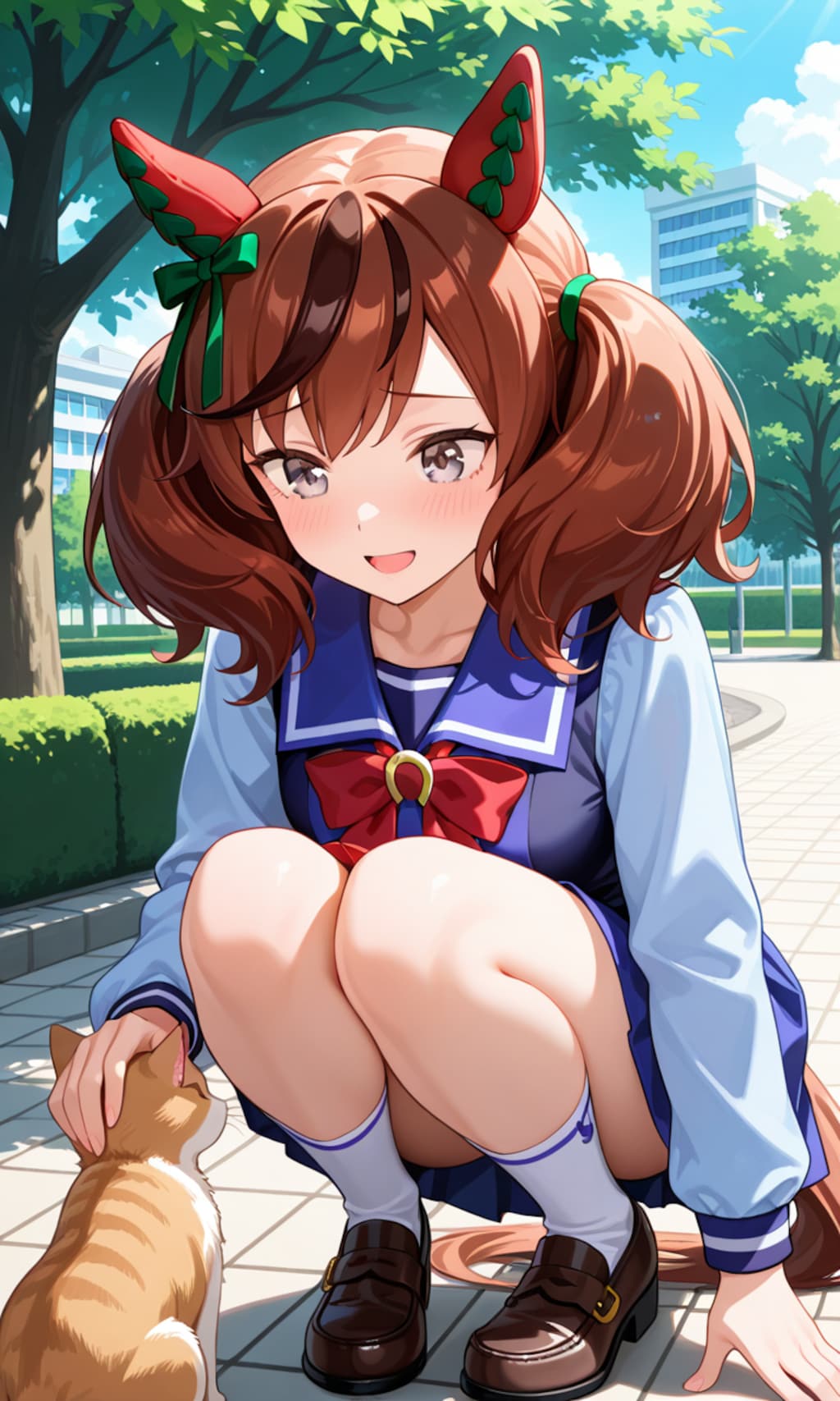 野良猫をなでなでしてご機嫌なネイチャさん