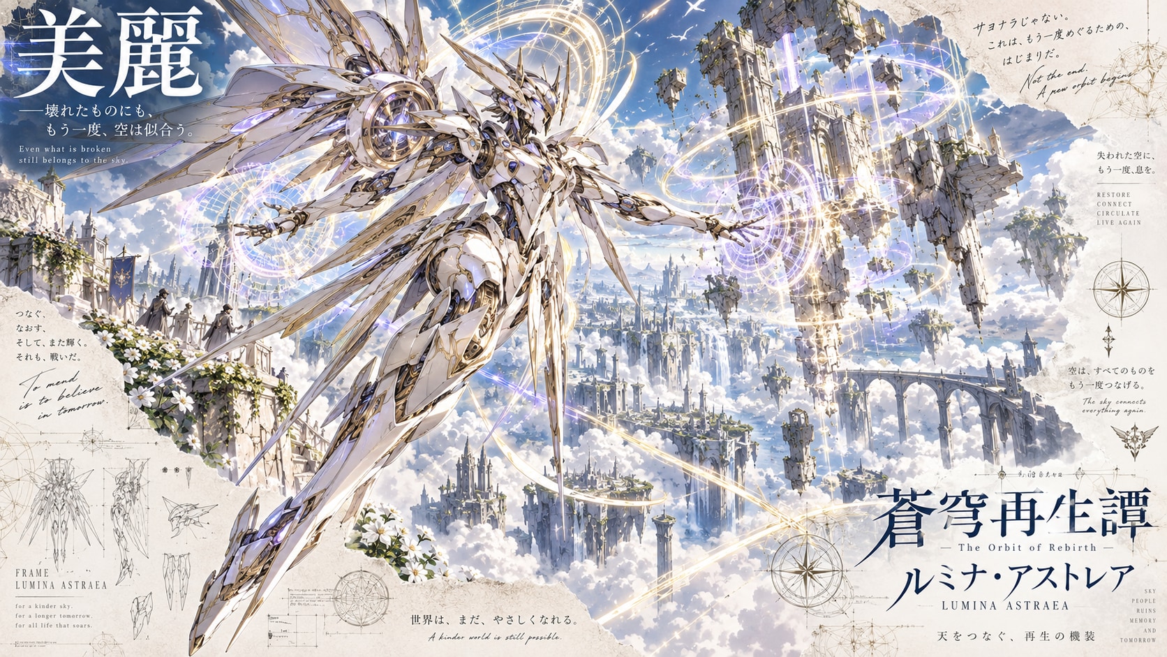 A white guardian unfolding golden wings above a sky city, reaching out to reconnect the floating rui | の人気AIイラスト・グラビア