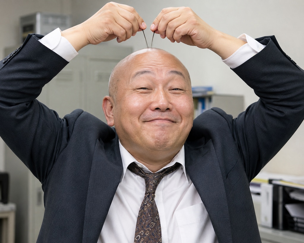 手で髪を束ねるハゲ部長