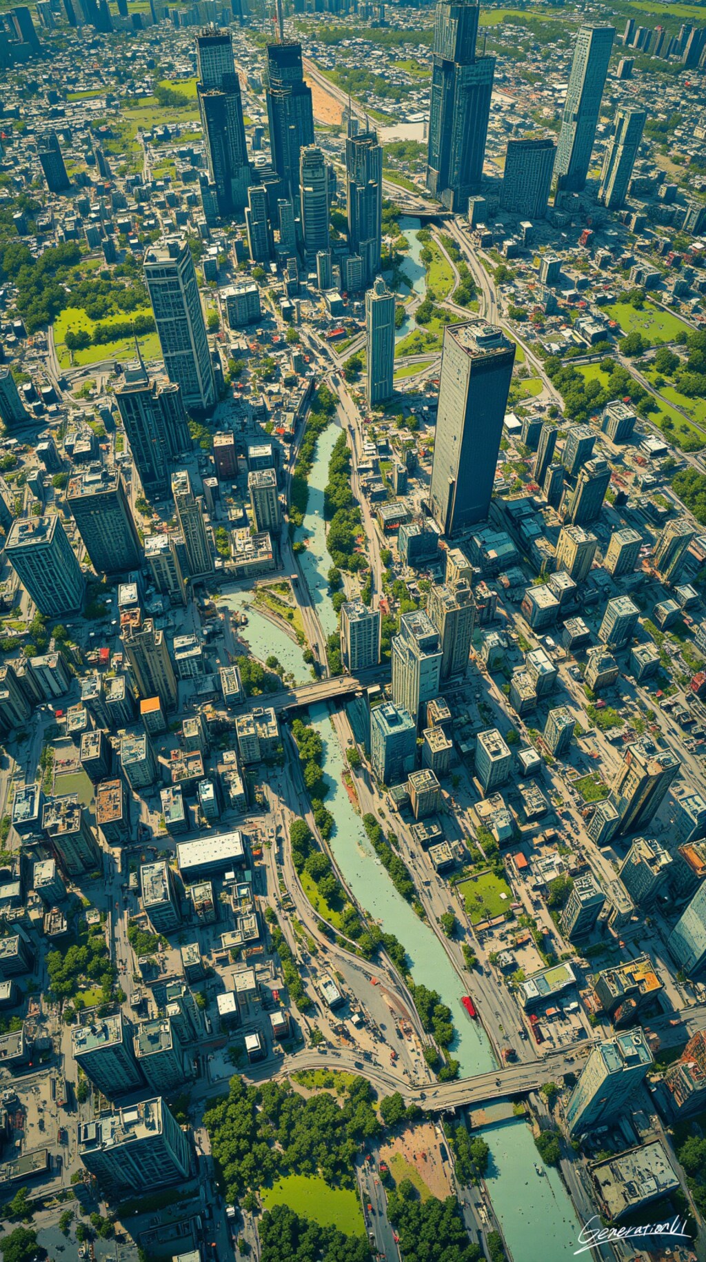 シティグラム：緑の川と影のダンス／スマホ壁紙アーカイブ