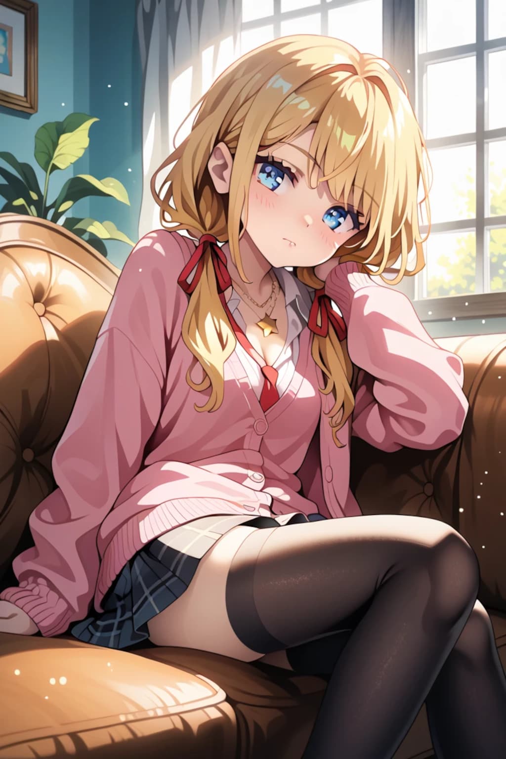 「ここ、座っていいよ…？」金髪ツインテ莉奈ちゃんのソファで♡