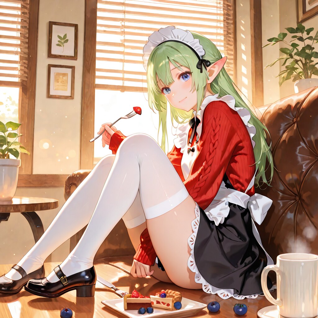 うちの子メイドのラルム・ヴェルトフォレ、ちょいと行儀悪くブルーベリータルトを食べてる件