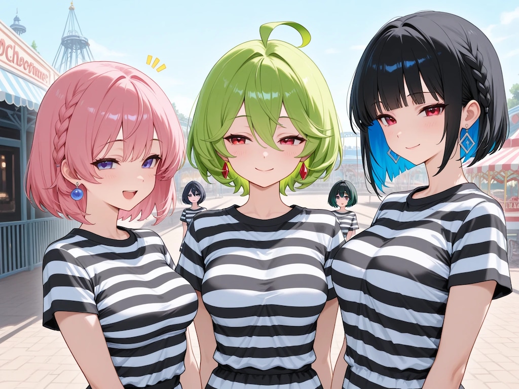 囚人服コスプレの3人娘