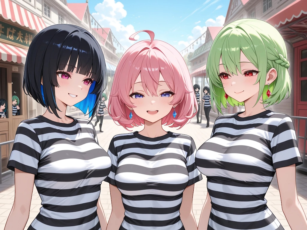 囚人服コスプレの3人娘