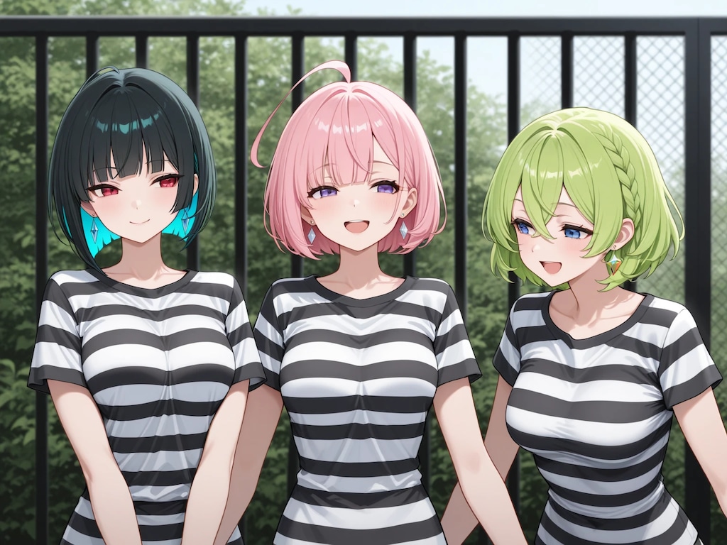 囚人服コスプレの3人娘