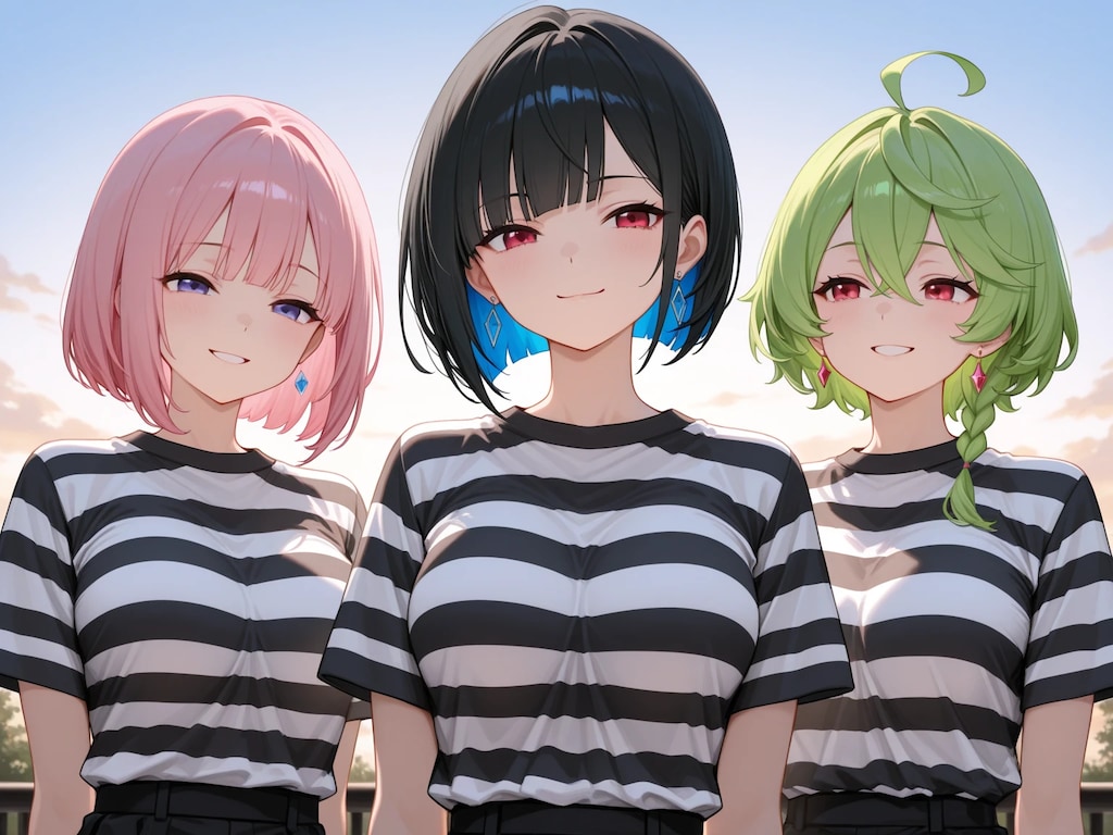 囚人服コスプレの3人娘